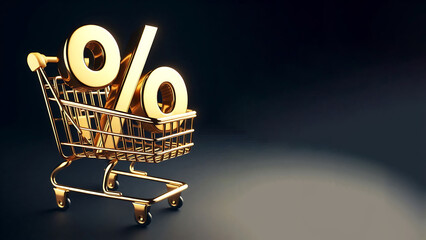 3d illustration of an isolated Shopping cart with a golden discount percentage sign on a dark background. Black Friday Special. Generative ai