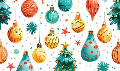 A festive pattern design featuring watercolor illustrations of colorful Christmas ornaments, stars, and Christmas trees