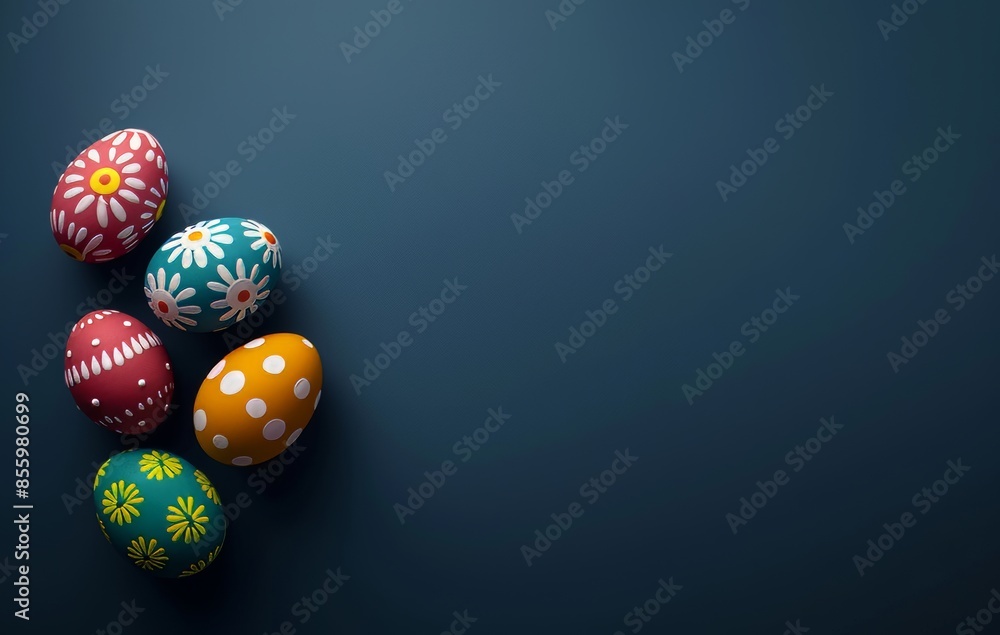 Poster this is a 3d rendering of colorful eggs without stripes on a blue background