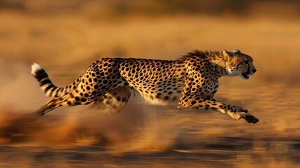 A cheetah runs across the African savanna at sunset
