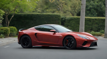 a red sports car driving down a street with trees in the background