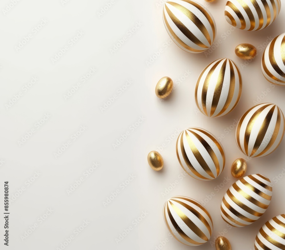 Poster three-dimensional render of painted golden eggs with happy easter day text on a white background