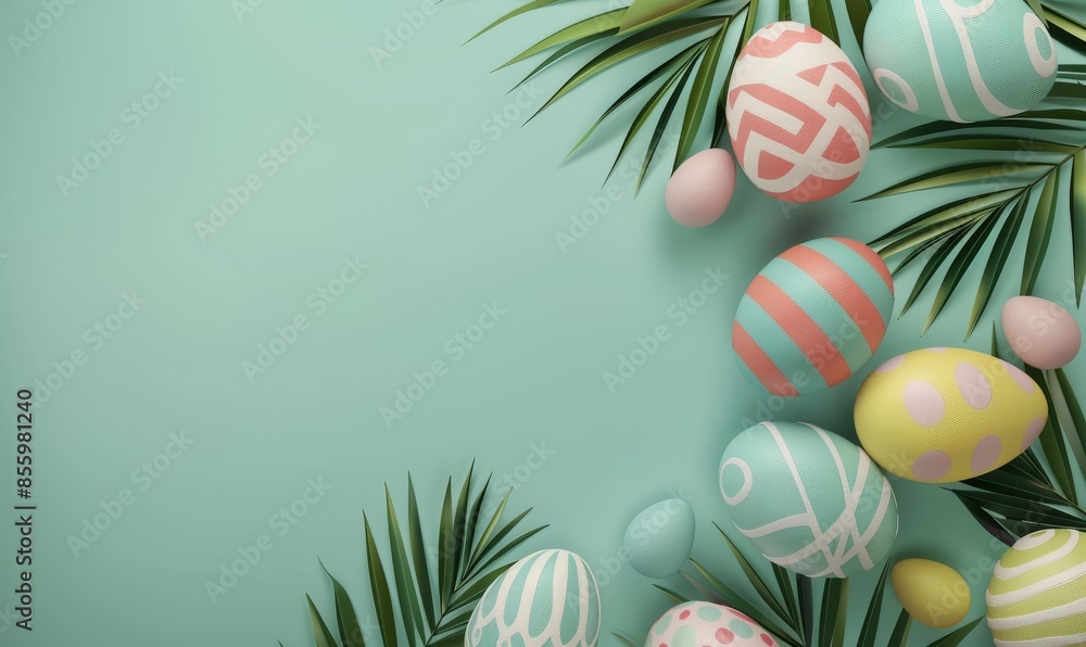 Poster this 3d rendering shows a 3d easter eggs painted on a green background with palm leaves as a frame e
