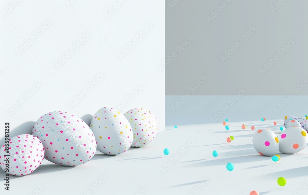 Poster an easter background painted with easter eggs framed by a white podium stand is used for a 3d render