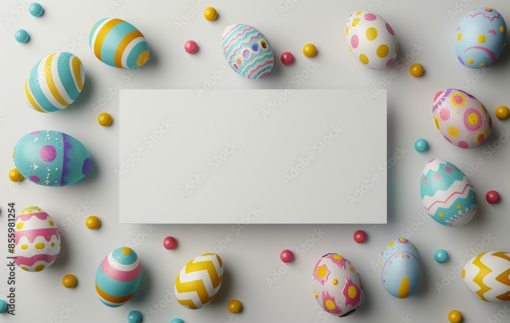 Poster 3d rendering of an easter background with painted easter eggs and a white podium stand for product d