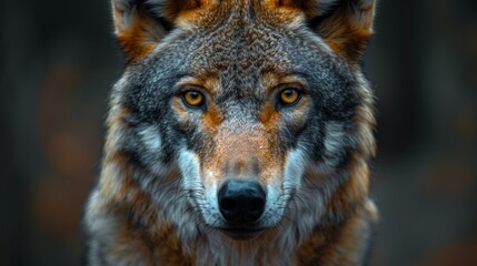 Obraz premium hungry big gray wolf looks at the camera while in the forest, the wolf is the leader of the pack