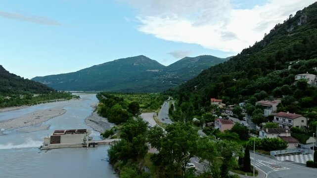 Aerial view of Piste cyclable - Voie Verte, and the M901 road along the Var in Gillette, France