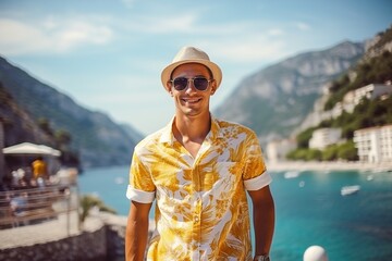 A man wearing a yellow shirt and a straw hat is smiling at the camera