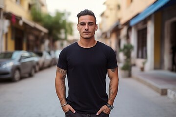 A man in a black shirt stands in front of a building