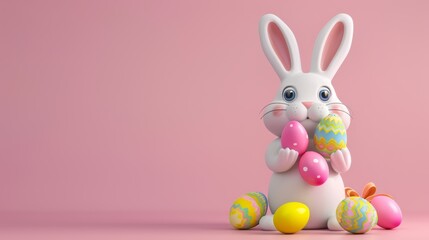 Obraz premium Three-dimensional cartoon Easter bunny holding colorful Easter eggs