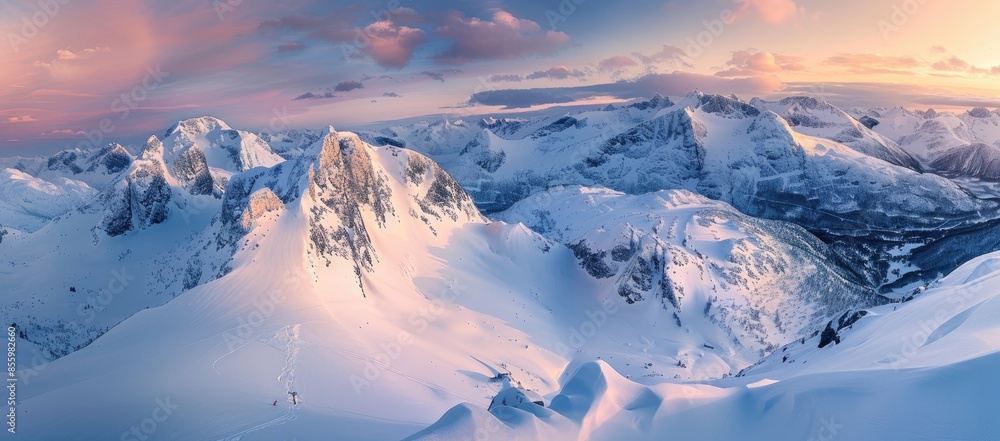 Wall mural a picturesque snowy mountain range set against a beautiful sunset - Wall murals