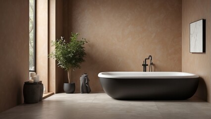 Interior home of bathroom with black bathtub on beige wall copy space