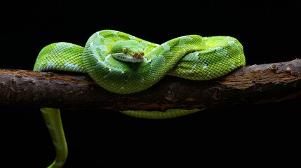 Naklejka premium Bright Green Snake on a Branch Generative AI