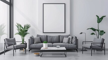 Empty poster frame on a wall in a living room with a sleek and sophisticated design
