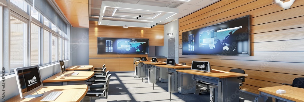 Poster a contemporary classroom designed to enhance learning with interactive panels and ai assistants. gen