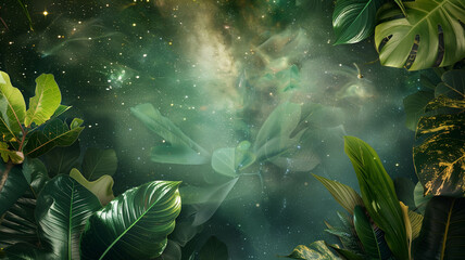 Fototapeta premium elegant display of tropical leaves with various shades of green, set against an enchanting space background with nebulae and stars,