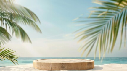 Obraz premium An outdoor summer display on a wooden platform, with sand, coconut trees, palm leaves, and a pile of sand.