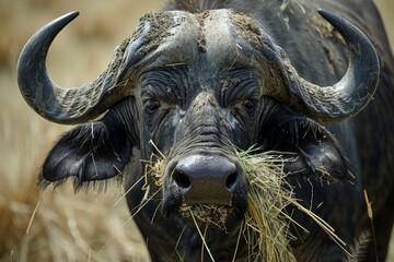 Naklejka premium A male cape buffalo close up of face. Bull stands at attention with a mouth full of grass looking silly funny humorous and menacing