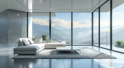 Fototapeta premium Modern minimalist style living room featuring a central sofa and carpet, with floor-to-ceiling windows showcasing a mountain scenery outside. Light gray walls, white ceiling, and white floors,.