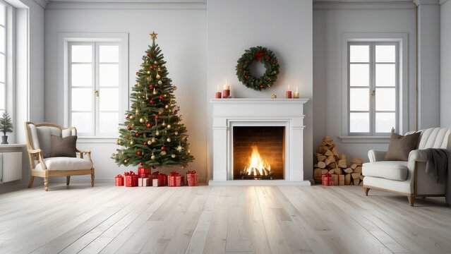 Interior home of living room with fireplace and christmas tree on white wall copy space