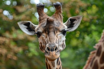 Fototapeta premium A male giraffe with bend horns front view portrait of face head and part of neck. This giraffe has darker hair due to older age