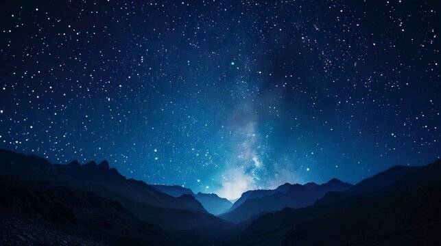 Galaxy night landscape, blue starry astronomy sky above mountains, infinite stars twinkling in the background, raw and detailed