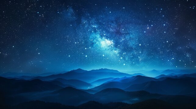Galaxy night landscape, blue starry astronomy sky above mountains, infinite stars twinkling in the background, raw and detailed