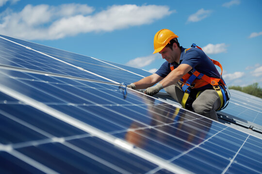 An engineer installs and adjusts the operation of solar panels