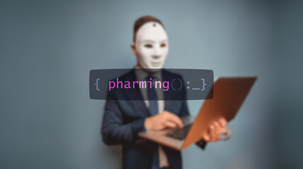 Cybersecurity concept pharming on foreground screen, hacker silhouette hidden with low poly style mask. Vulnerability and attack on colored code editor. Text in English, English text