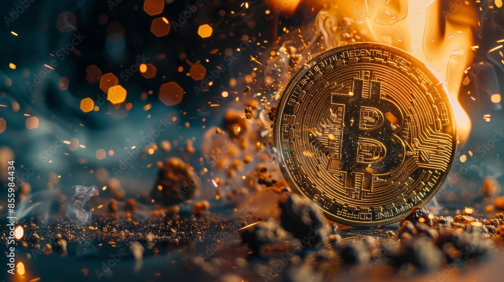 Poster the burning of bitcoin and the sparkles that come from it removing tokens from circulation the conce