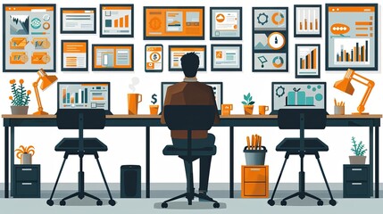 online business in the pandemic, tables with computers and laptops, the investor holds money in ideas, set flat vector modern illustration