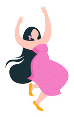 Flat illustration. Girl dancing at a party in a pink dress