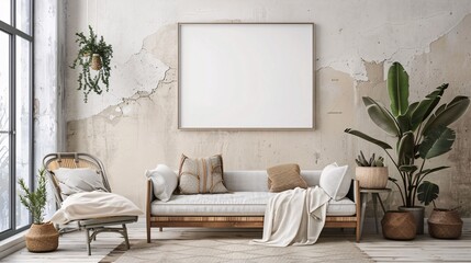 Empty poster frame on a wall in a living room with a cozy and inviting feel