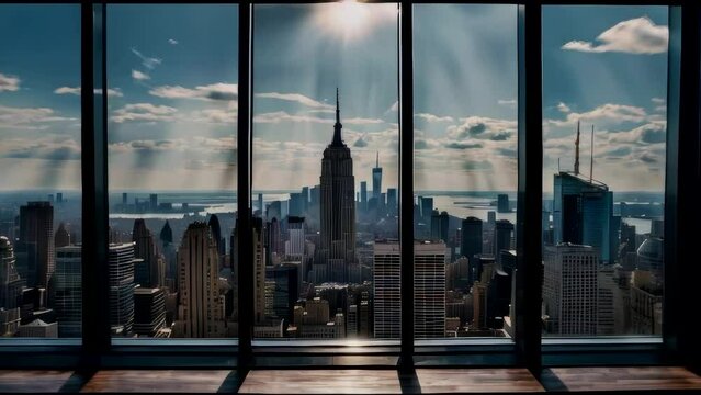 Empty interior from high-rise window showcasing expensive real estate with cityscape of skyscrapers in Midtown NYC at daytime