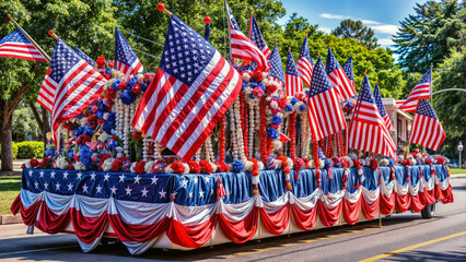 Patriotic 4th of July Parade Float with American Flags and Decorations