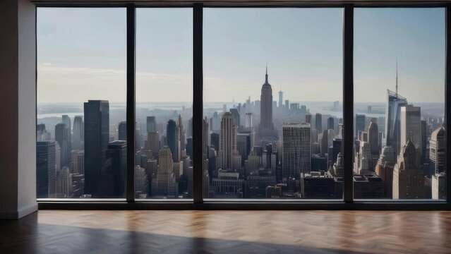 Empty interior from high-rise window showcasing expensive real estate with cityscape of skyscrapers in Midtown NYC at daytime
