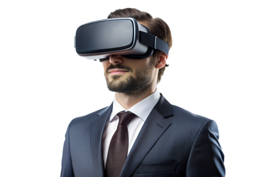 Businessman with a virtual reality 
headset isolated on a white background