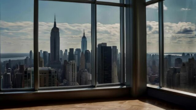 Empty interior from high-rise window showcasing expensive real estate with cityscape of skyscrapers in Midtown NYC at daytime