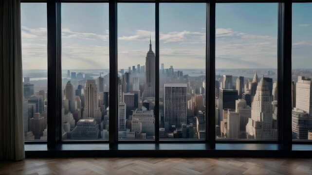 Empty interior from high-rise window showcasing expensive real estate with cityscape of skyscrapers in Midtown NYC at daytime