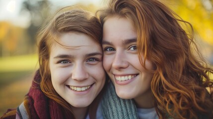 Obraz premium Two close friends enjoying a warm embrace in a park, their faces lit by soft sunlight and happiness