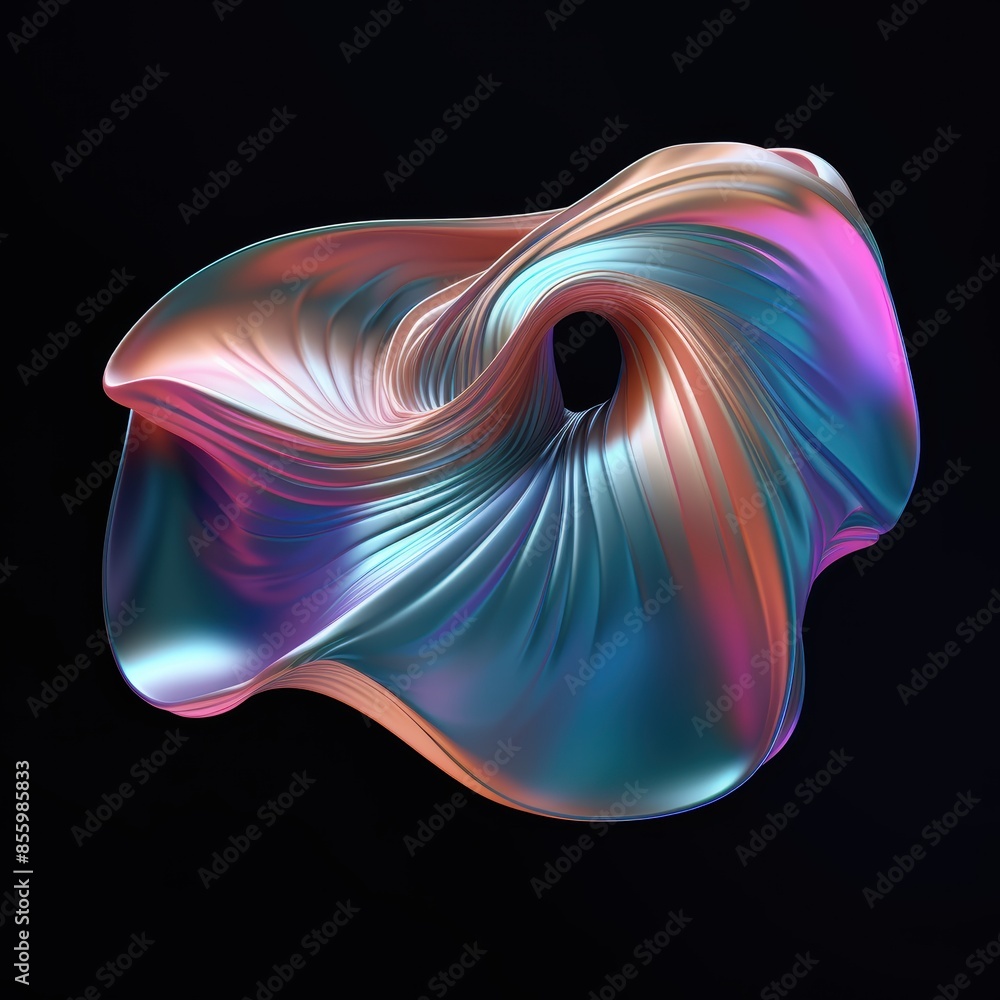 Wall mural abstract holographic metal chrome shape in a surreal style on a black background
