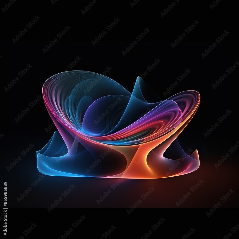 Wall mural abstract holographic metal chrome shape in a surreal style on a black background