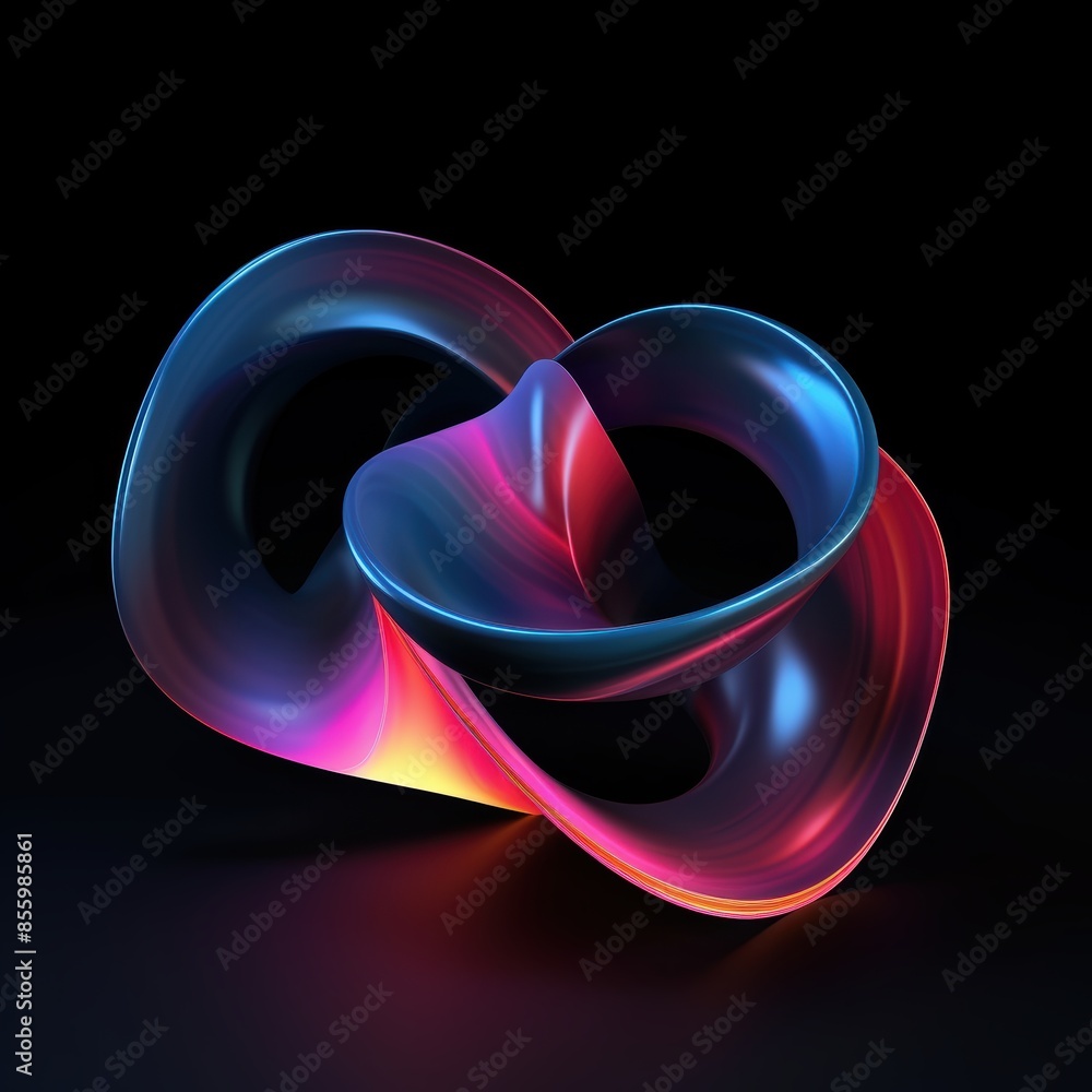 Wall mural abstract holographic metal chrome shape in a surreal style on a black background