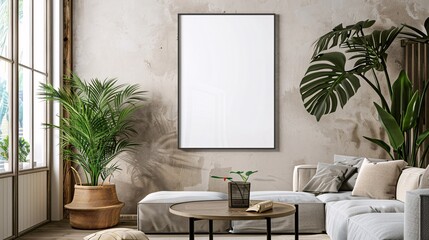 Blank poster frame on a wall in a living room with a cozy and relaxed atmosphere