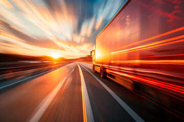 Dynamic Sunset Highway Truck Motion. Blurred motion of a truck on highway at sunset, implying speed in logistics and transportation.
