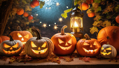 Pumpkin heads with scary face and glowing eyes, Jack-o'-lantern and candles, Halloween autumn decor