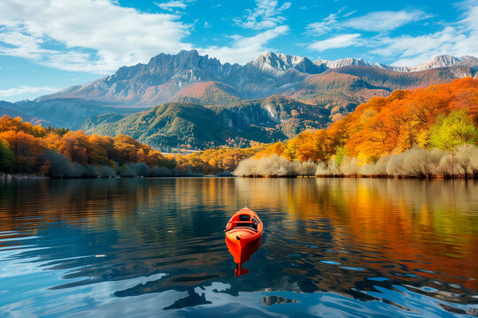 Horizontal Autumnal Landscape with Red Boat. Scenic autumnal landscape with red boat on calm water, ideal for travel and nature themes.