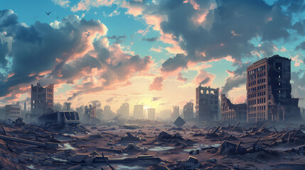 A post-apocalyptic scene with crumbling buildings and debris lit by the soft glow of a setting sun