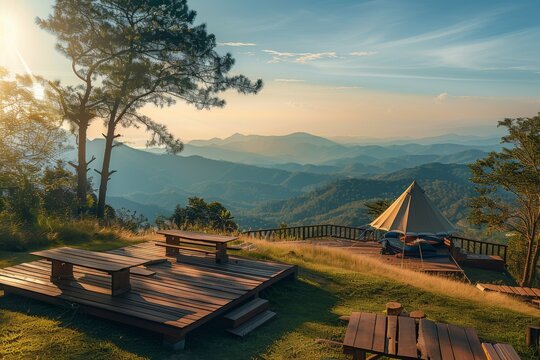 At Doi Pha Hom Pok National Park in Chiangmai province of Thailand, camping near the scenic spot with sunrise at Mon sone view point.