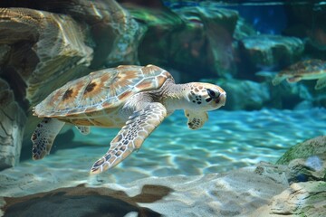 Fototapeta premium a sea turtle swims in the clear blue water over a sand bottom. side view facing right